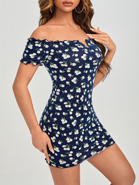 

petite off the shoulder floral allover print lettuce trim bodycon dress 71x1#, Black;gray