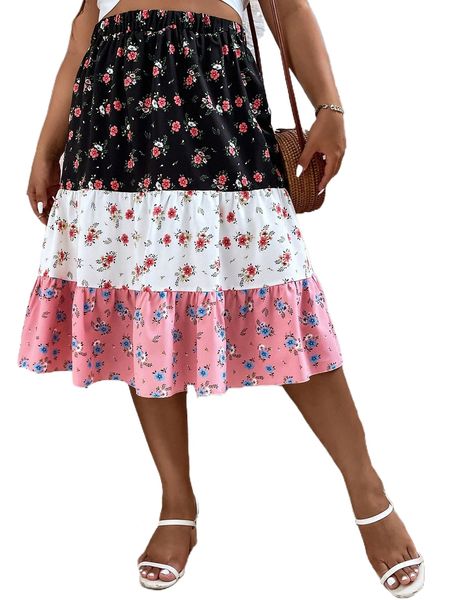 

plus allover floral print colorblock ruffle hem skirt d8qr#, Black