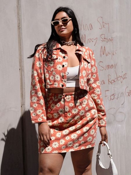 

plus allover floral print flap pocket crop denim jacket & skirt h6c9#, White