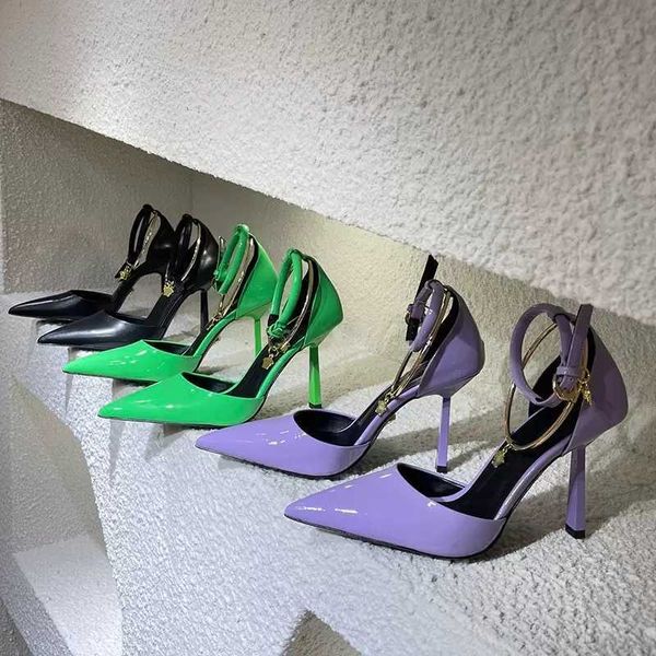 

stiletto heeled ladies sandals fashion metal foot ring decoration womens dress shoes 10cm baking paint heels genuine leather, Black