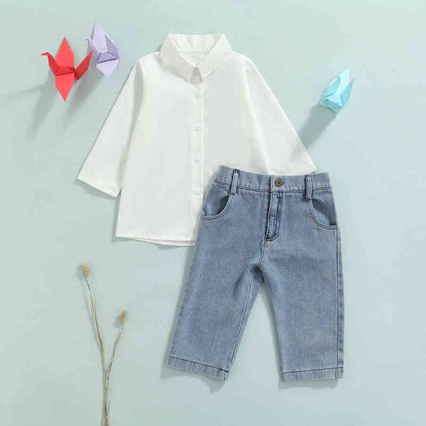 

citgeett autumn kids girls solid color clothing set long sleeves lapel neck shirt slong jeans denim pants spring suit j220711, White