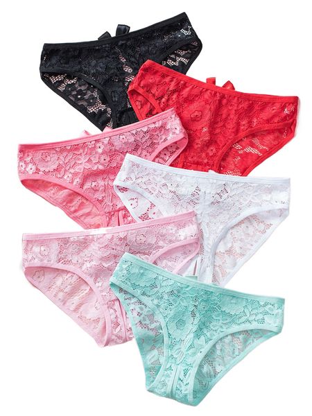 

6pack floral lace bow front crotchless panty set q1tc#, Black;red