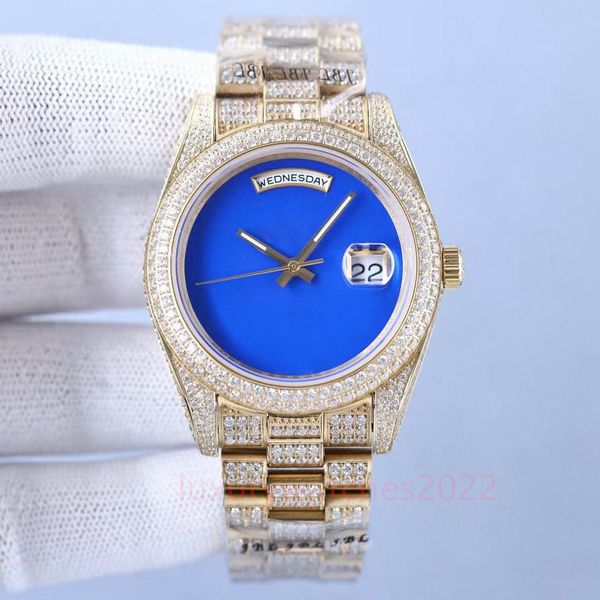 Blue Dial Watch Zircon Luxo gelado de diamante Men 40mm Daydate Daydate Automático 3a Varredura Popular Brand 16233 Sapphire Glass Yellow Gold Wristwatch