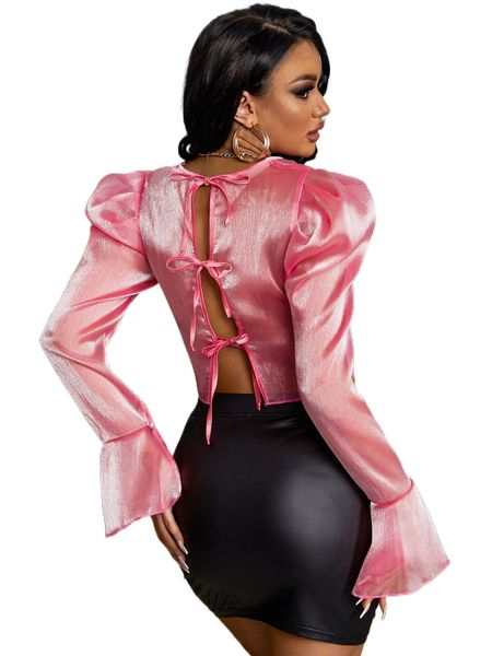 

sxy bell sleeve tie back organza z5rm#, White