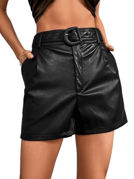 

high waist belted pu leather shorts 470l#, White;black