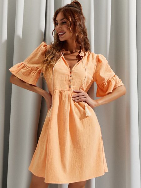 

luukse flounce sleeve tassel tie front smock dress o33v#, Black;gray