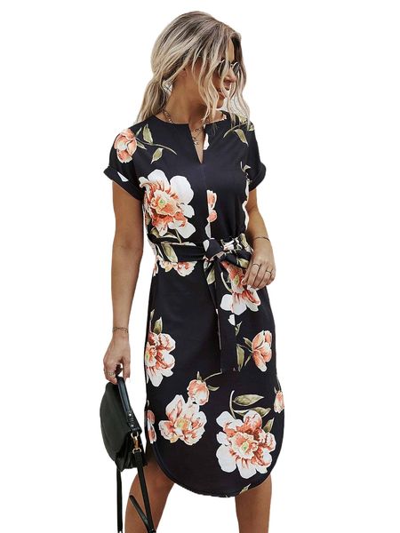 

notched neck floral print belted dress x6gk#, Black;gray
