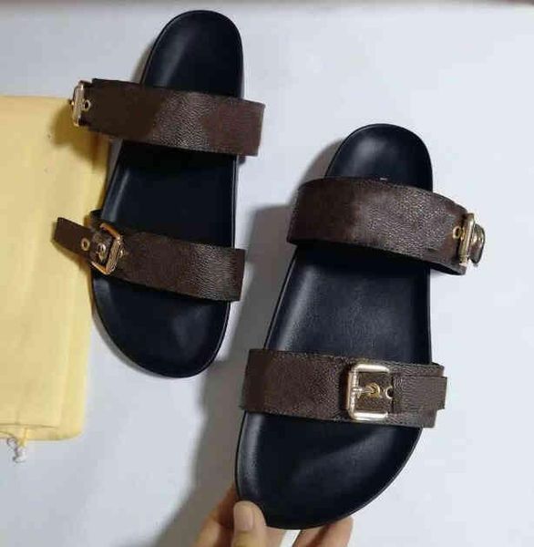 

women brown brand bom dia sandal men flat mule slide slippers designer shoes fashion letter print leather belt shoe''louise'&, Black