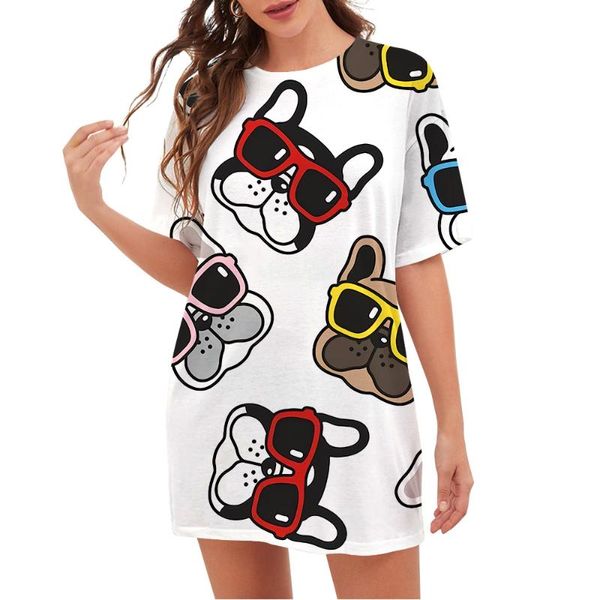 Moda de camiseta feminina Mulher Mulheres Bonita Cabeça de cachorro Padrão 3D Pescoço solto Pesco