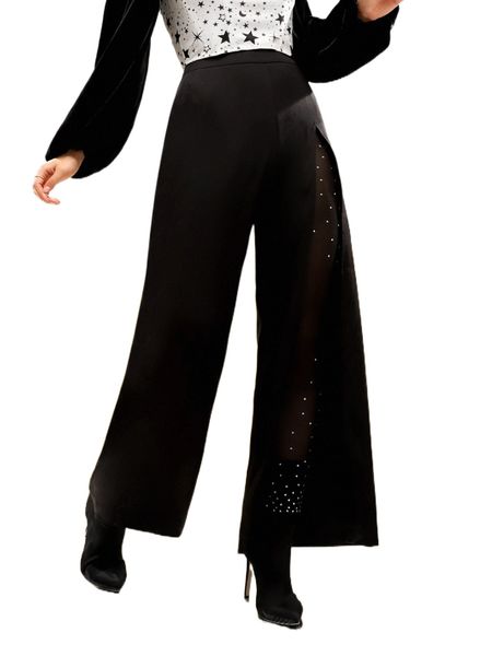 

x giusy high waist slit thigh wide leg pants s63z#, Black;white