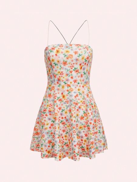 

mod allover floral print lace up backless cami dress 77k1#, Black;gray
