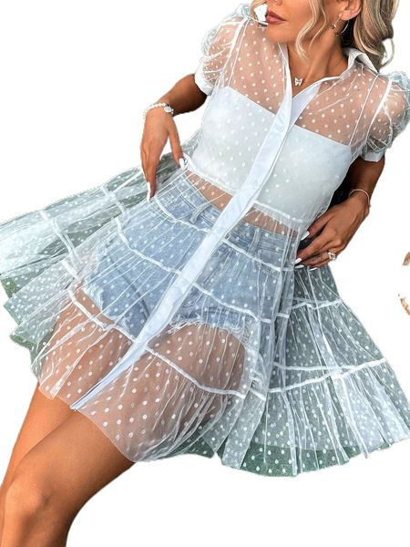 

1pc polka dot puff sleeve ruffle hem sheer mesh dress v6om#, Black;gray