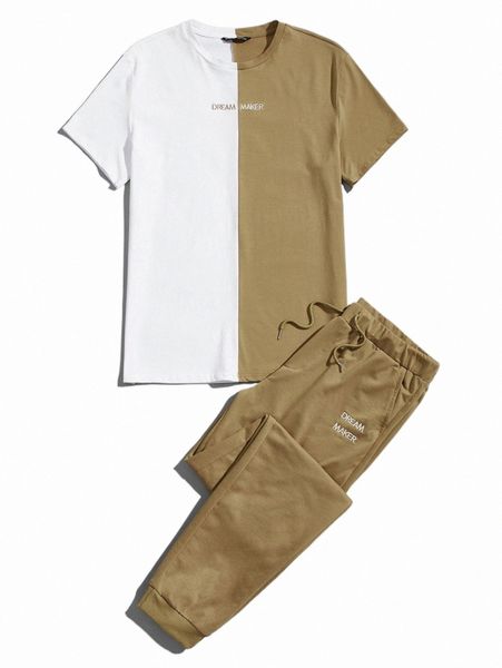

men color block embroidered letter tee & pants set y7ft#, Gray