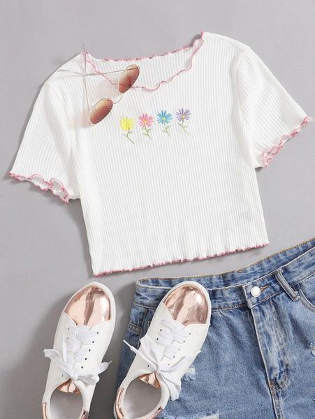 

floral embroidered contrast lettuce edge crop tee n5bl#, White