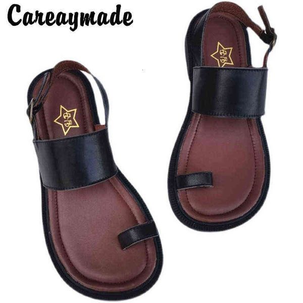 

careaymade-summer genuine leather with large head and wide version for women casual sandals pure handmade shoes, Black