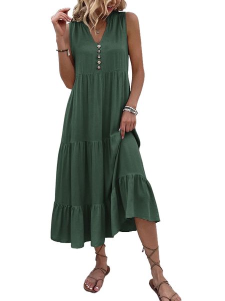 

button detail layered hem smock dress v1yd#, Black;gray