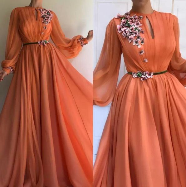 Elegante orangefarbene, lange Ärmel, 3D-Blumenspitze, Dubai-Abschlussballkleider 2020, A-Linie, Chiffon, islamisches Arabisch, langes Abendkleid, Robe de Soiree 2438