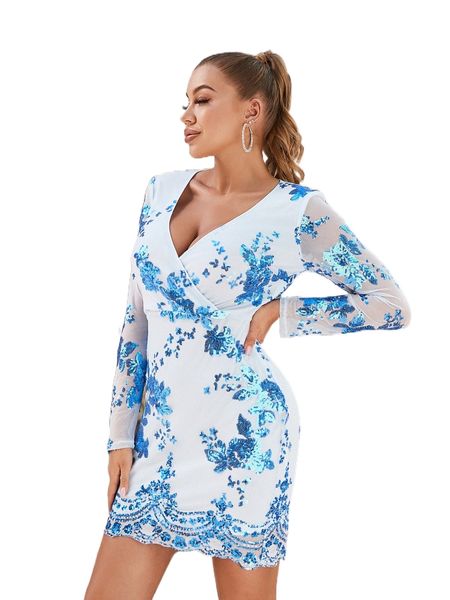 

d& surplice neck sheer mesh sleeve floral sequin dress v4qq#, Black;gray