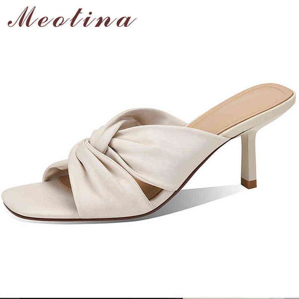 

meotina women genuine leather slides thin heels slippers square toe high heel pleated female sandals 2022 summer blue beige 40 y220601, Black