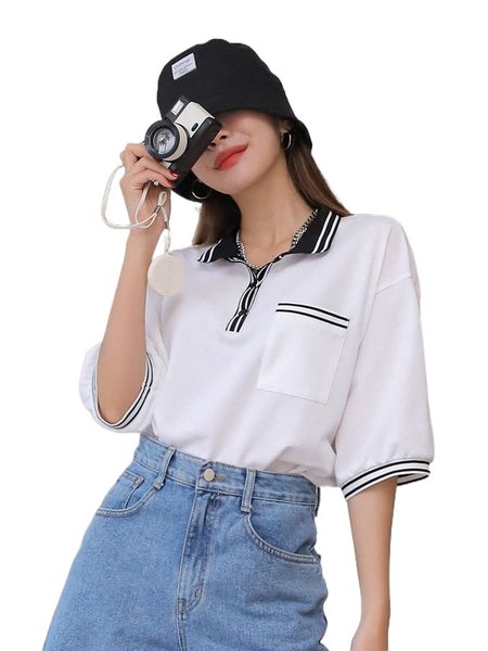 

dazy contrast striped polo neck drop shoulder tee h770#, White