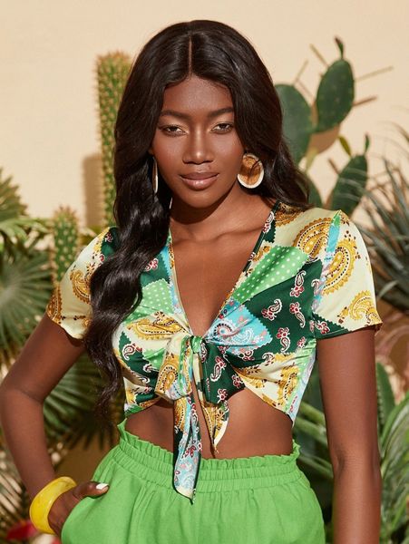 

paisley print tie front crop blouse j2tv#, White