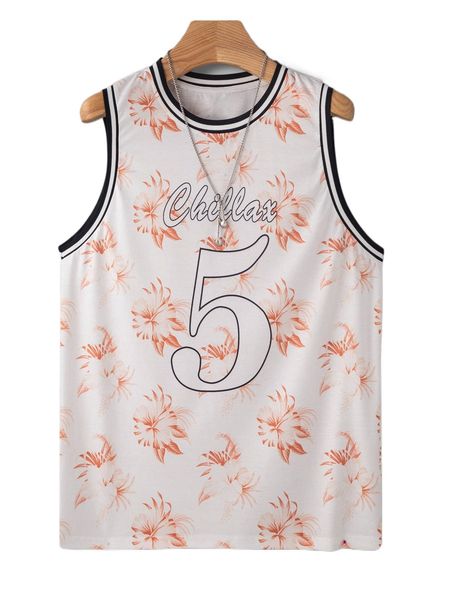 

men random floral & letter graphic striped trim tank b3wk#, White;black