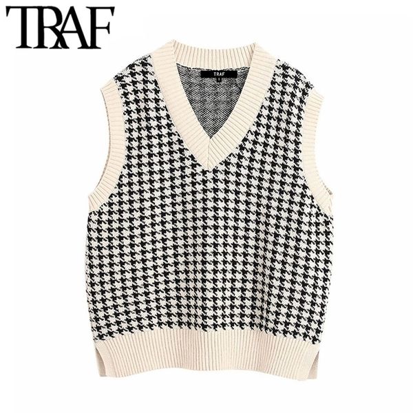 

traf women fashion oversized knitted vest sweater v neck sleeveless side vents loose female waistcoat chic y201128, Black;white