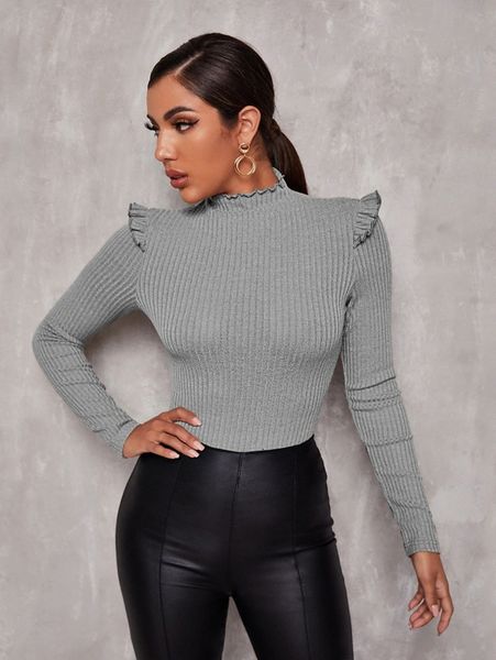 

lettuce edge mock-neck ruffle trim fitted tee k6wf#, White