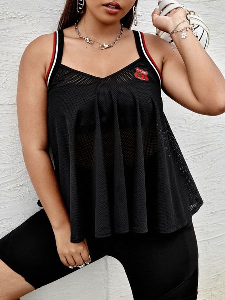 

plus letter graphic striped trim flowy cami without bra 55va#, Black