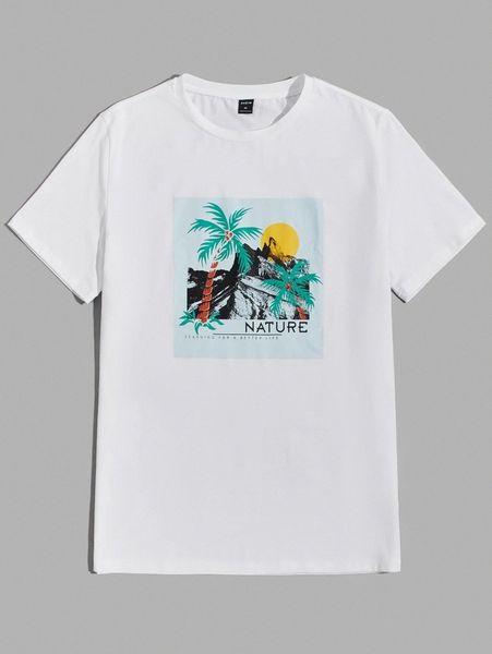 

men letter & tropical print tee c1og#, White;black
