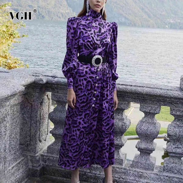 

printed leopard dress for women turtleneck lantern sleeve high waist with sashes hit color vintage dresses female fashion 210507, Black;gray