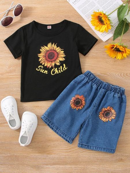 

toddler girls sunflower print tee with denim shorts she, White