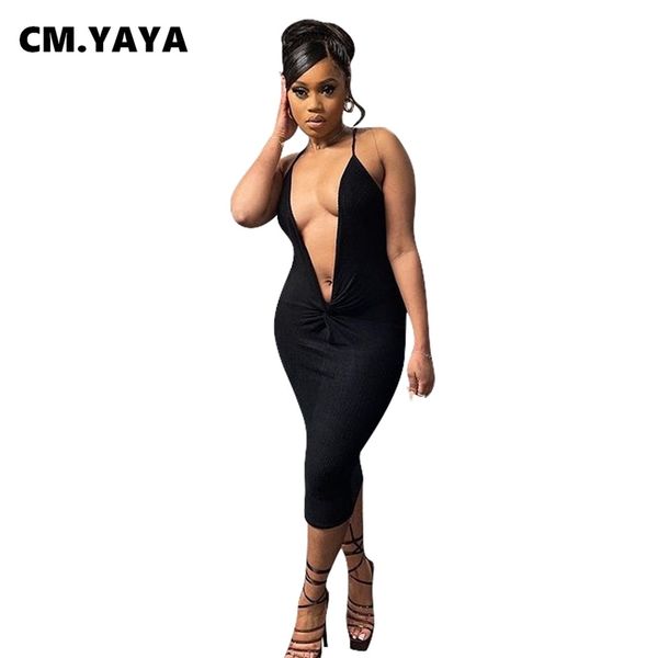 

cm.yaya women midi dress solid sleeveless v-neck bandage halter stretchy bodycon pencil dresses party vestidos summer 220516, Black;gray