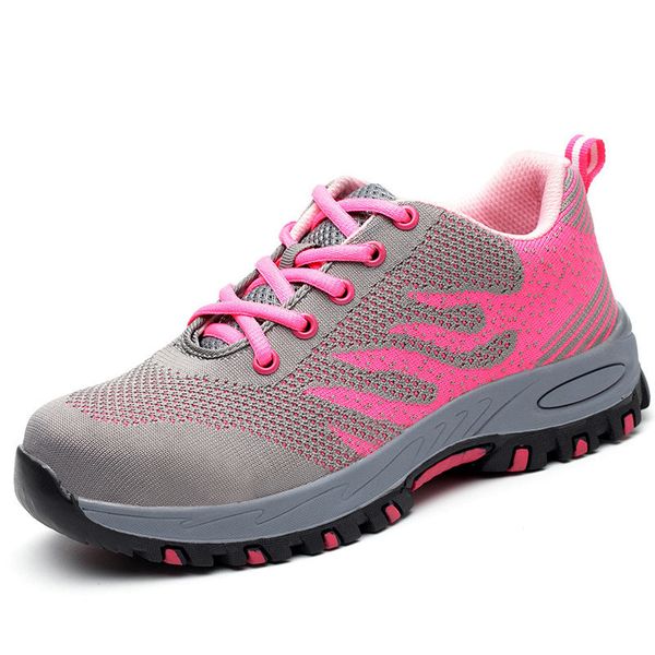 

safety shoes women steel toe middle sole bot casual breathable work shoes security shoes pink boots round toe lace-up ankle, Black;red