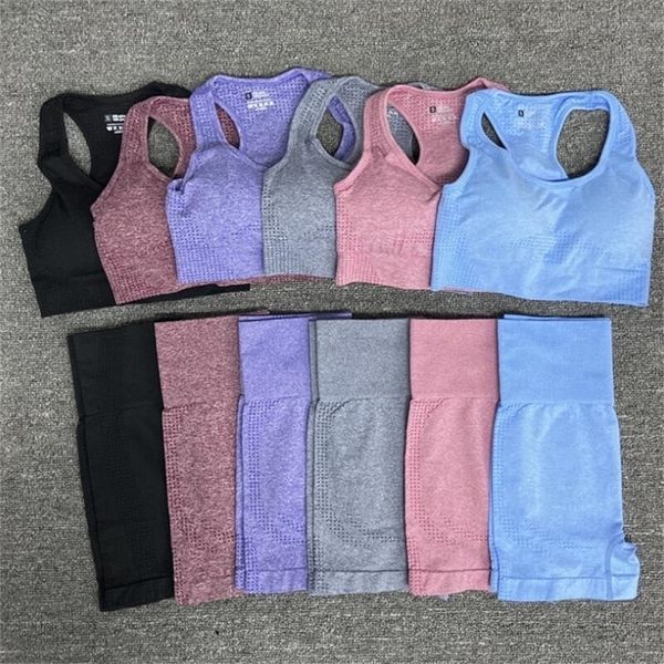 

style 2pcs/set women seamless leggings yoga set gym clothes sports bra fitness high waist suits sports shorts+bra 220330, Gray
