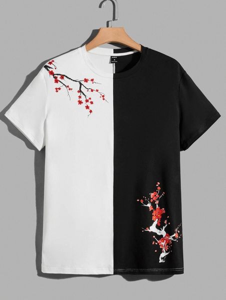 

men floral print two tone tee c1ag#, White;black