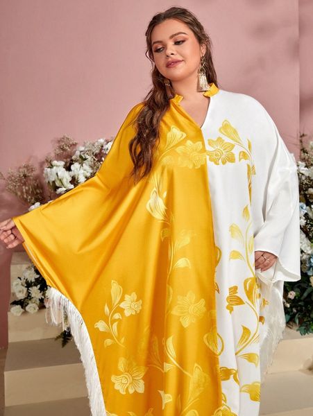 

plus floral color block fringe trim dress 21i3#, Black