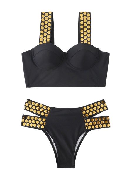 

gold geo print cut out push up bikini swimsuit s3vi#, White;black