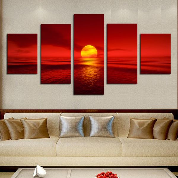 Sonnenuntergang, rote Sonne, Meer, natürliche Landschaft, 5 Stück, moderne Heim-Wanddekoration, Kunst-HD-Druck, Gemälde auf Leinwand für Wohnzimmer