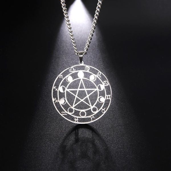 Anhänger Halsketten Hexerei 12 Sternbilder Pentagramm Astrologie Edelstahl Silber Farbe Schmuck GeburtstagsgeschenkeAnhänger