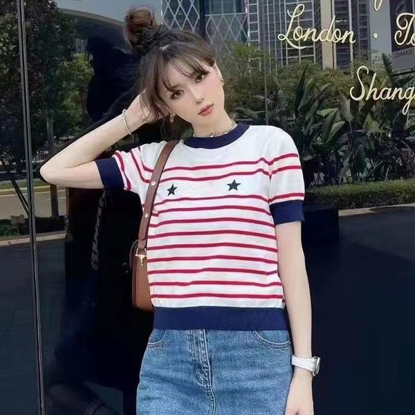 

fashion brand women's knits & tees ladies casual short sleeve tshirts knitted girls shirt crew neck stripe, White