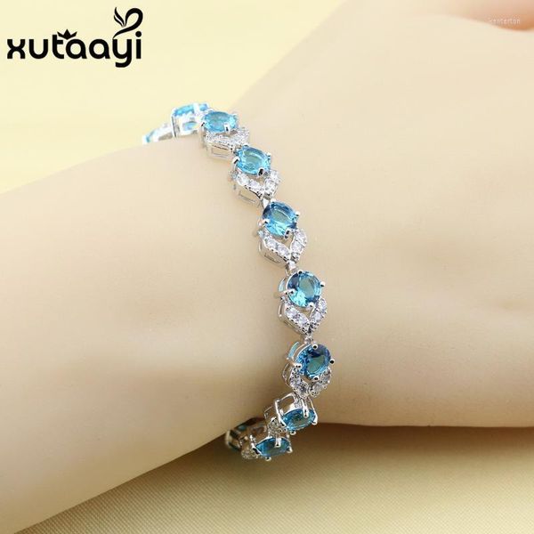 Catena a maglie Made in China Bracciale a maglie regolabile in argento con zirconi cubici azzurri, moda donna, lunghezza salute 18 3 cm Kent22