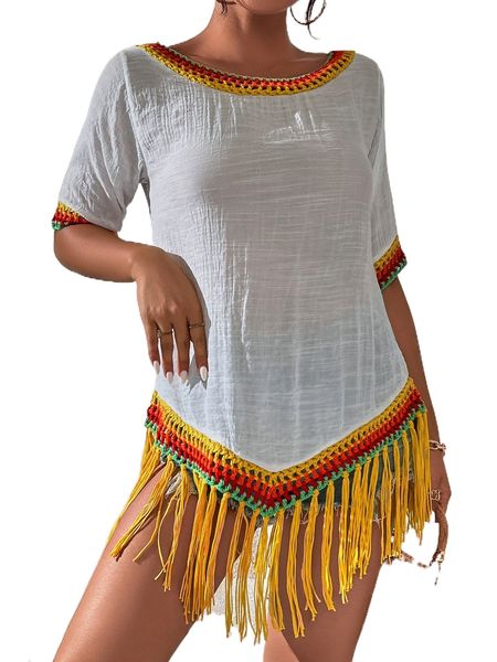 

colorblock fringe trim cover up v0fk#, White;black