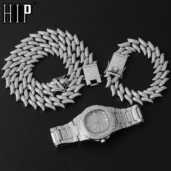 

chains hip hop 19mm 3pcs kit watch+necklace+bracelet bling + iced out alloy rhinestones thorns cuban link for men jewelry, Silver
