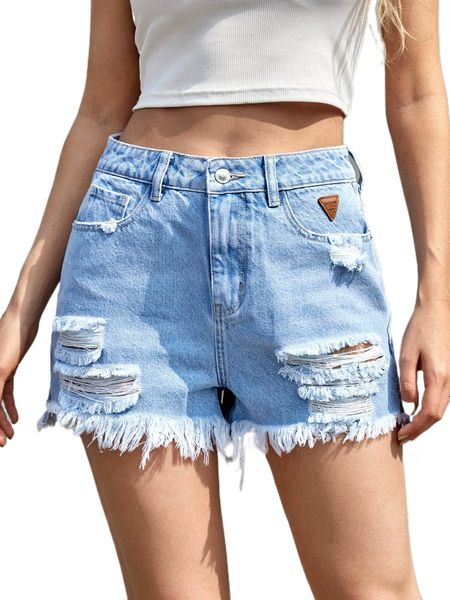 

patch detail ripped raw hem denim shorts n8k0#, White;black