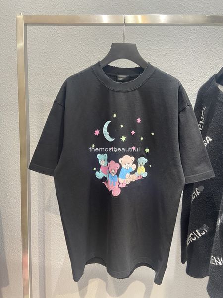 

men's t-shirts chaopai summer moon bear print men's and women's couple round neck short sleeve t-shirt tee top, White;black