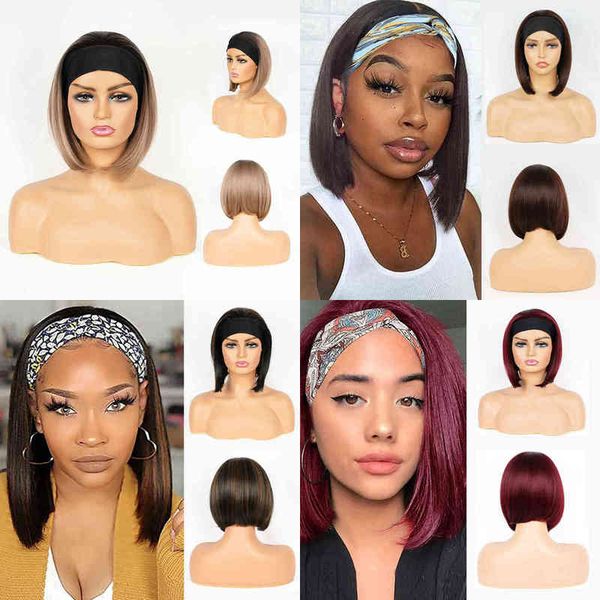 

10 inch short straight bob headband synthetic wigs for women natural black high temperature fiber daily party cosplay wig 220622