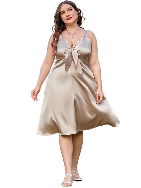 

plus satin knot front cami dress f1sp#, Black