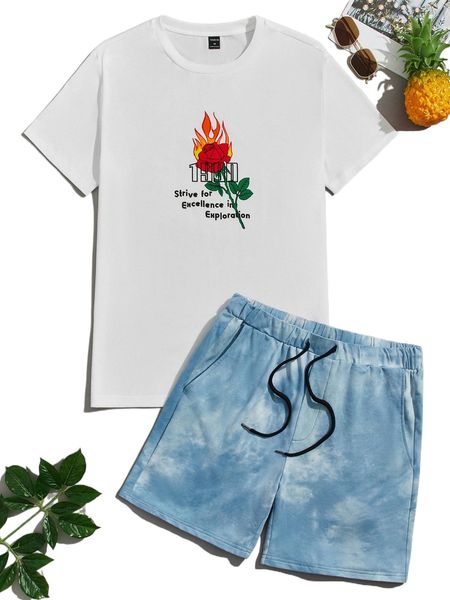 

men floral and slogan graphic tee & tie dye shorts set k4wk#, Gray