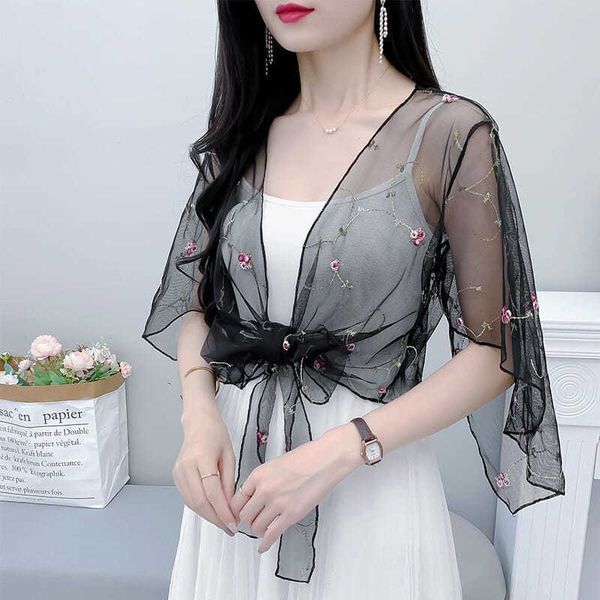 

shawl 2022 sunscreen womens summer skirt fairy mesh small coat with simple short sleeved korean girls', Blue;gray